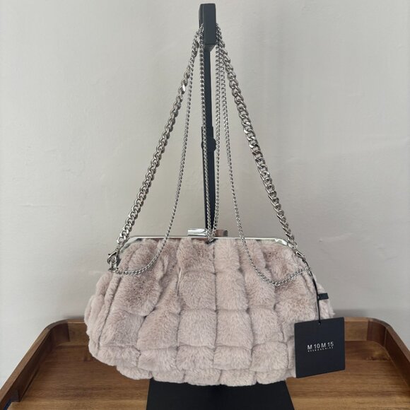 M10M15 Light Gray Taupe Faux Fur Evening Shoulder Crossbody Clutch Bag NEW - Picture 4 of 8